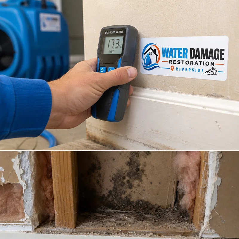 Moisture meter reading near a baseboard and an inspection opening showing damp insulation and minor mold growth inside a wall cavity