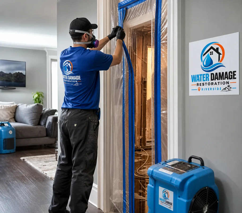 Technician setting up plastic containment and a zipper door in a Riverside home with a HEPA air scrubber nearby