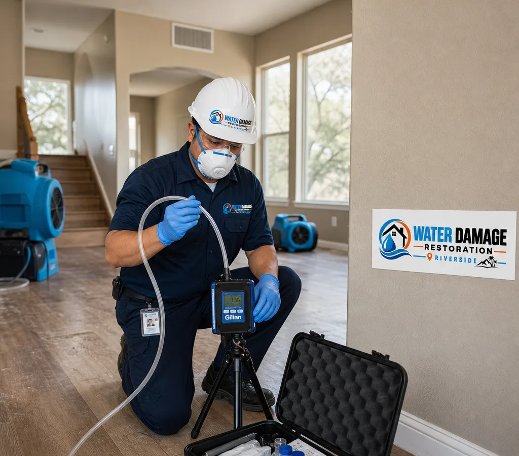 Inspector in protective equipment collecting an indoor air sample in a Riverside home using a calibrated pump