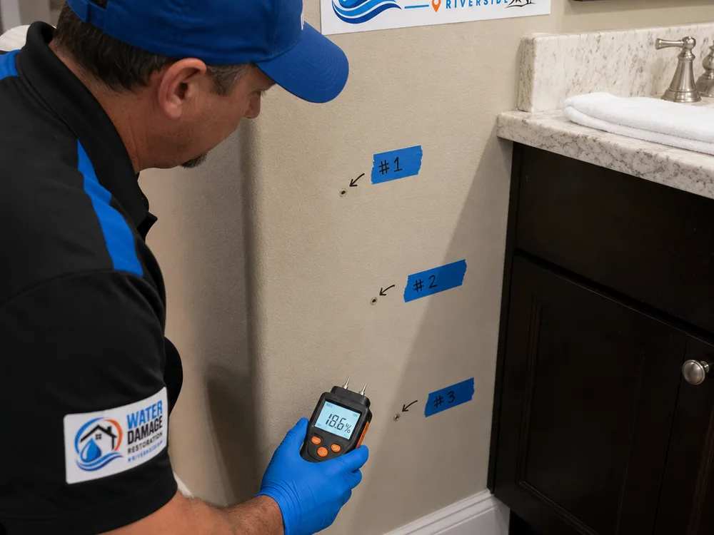 Inspector checking a bathroom wall and baseboard with a moisture meter near marked mold sampling locations
