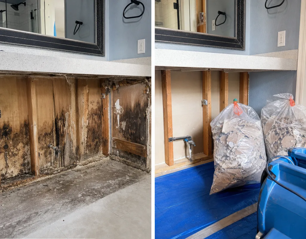 Before-and-after view of a Riverside bathroom vanity wall showing staining, selective removal, cleaned studs, and bagged debris
