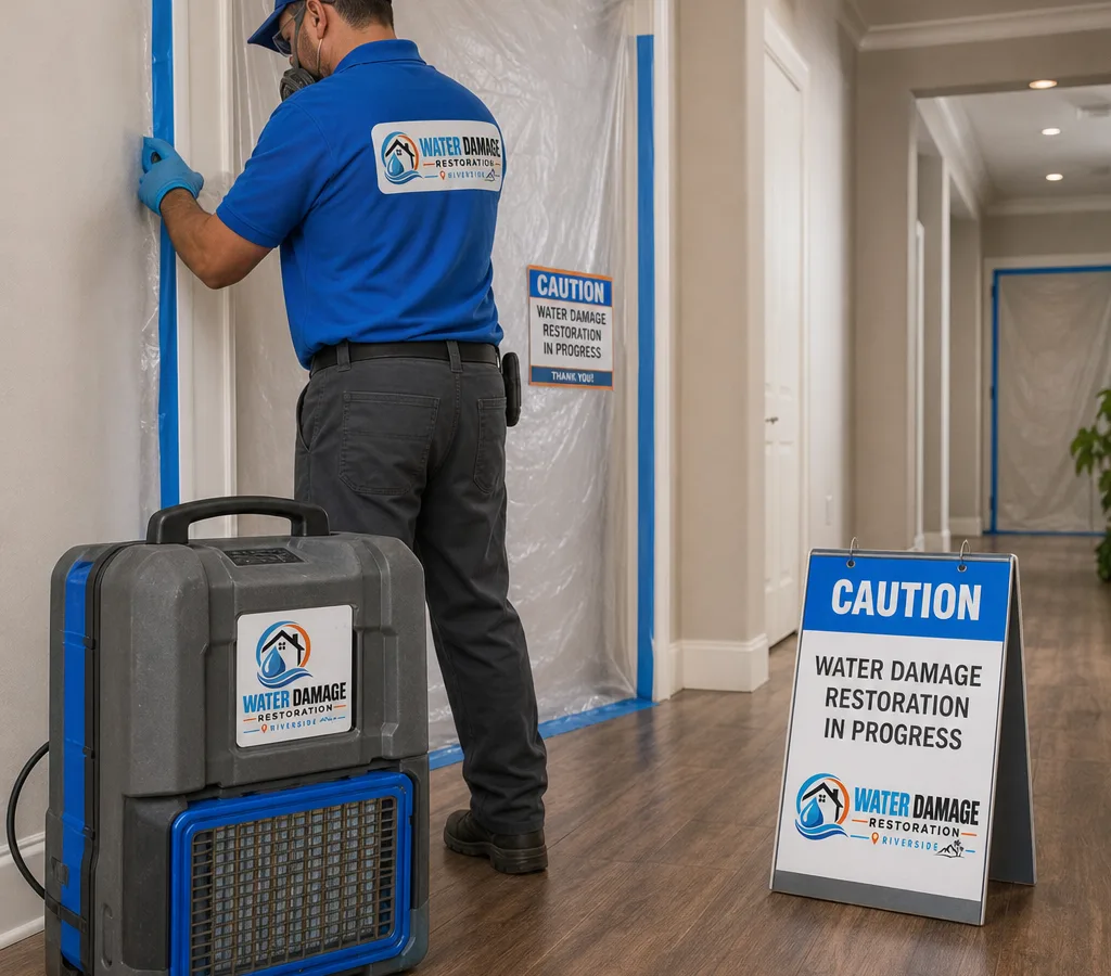 Technician in protective equipment setting up plastic containment and a HEPA air scrubber in a Riverside home hallway