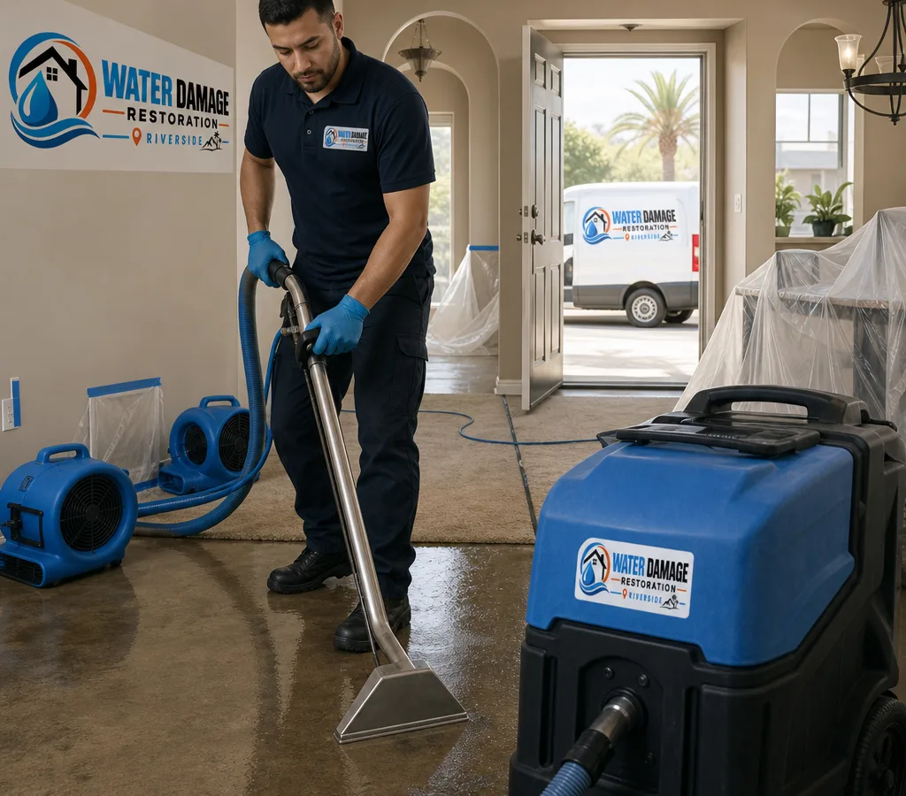 Technician using a commercial water extractor in a Riverside home with floor protection and drying equipment nearby