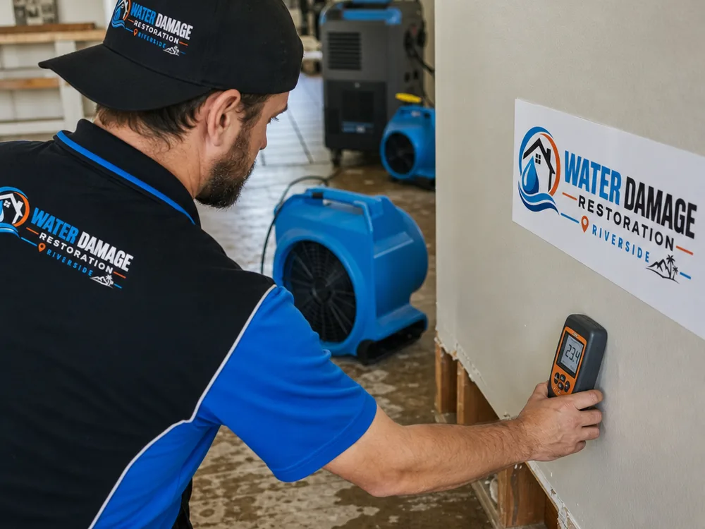 Moisture meter reading on drywall beside a removed baseboard with drying equipment operating in the background