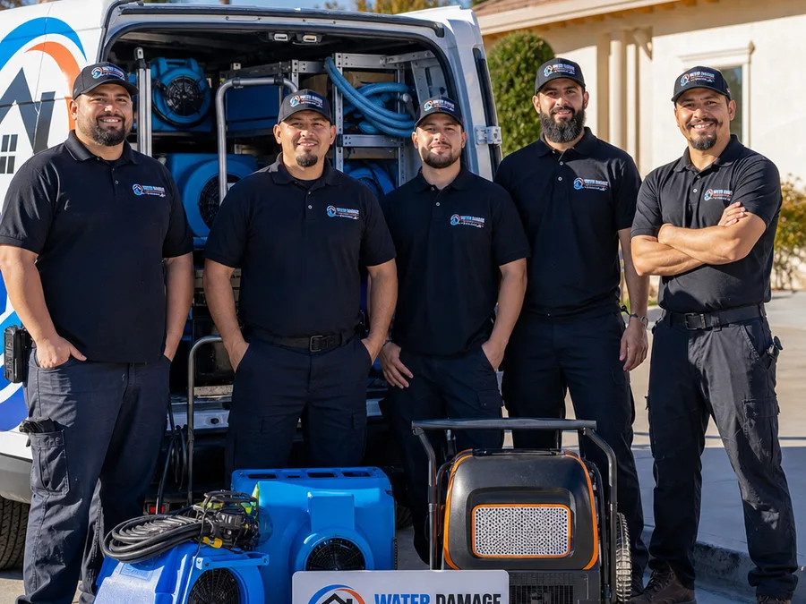 Uniformed restoration crew beside a service vehicle with drying equipment outside a Riverside residence